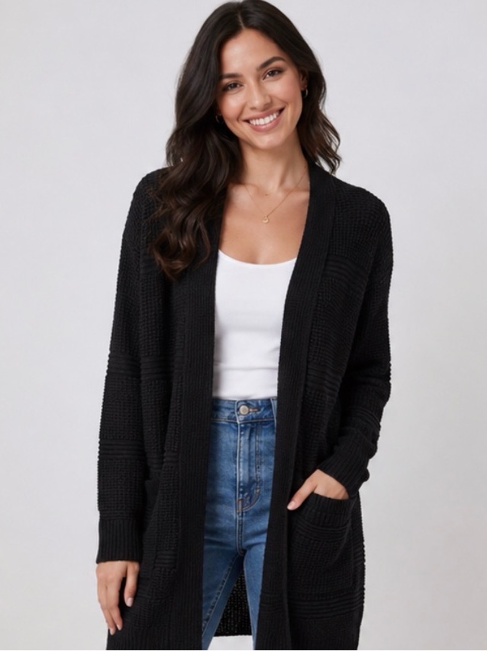 Express Women’s Black Longline Duster Cardigan Size M Open Front Pocket Sweater